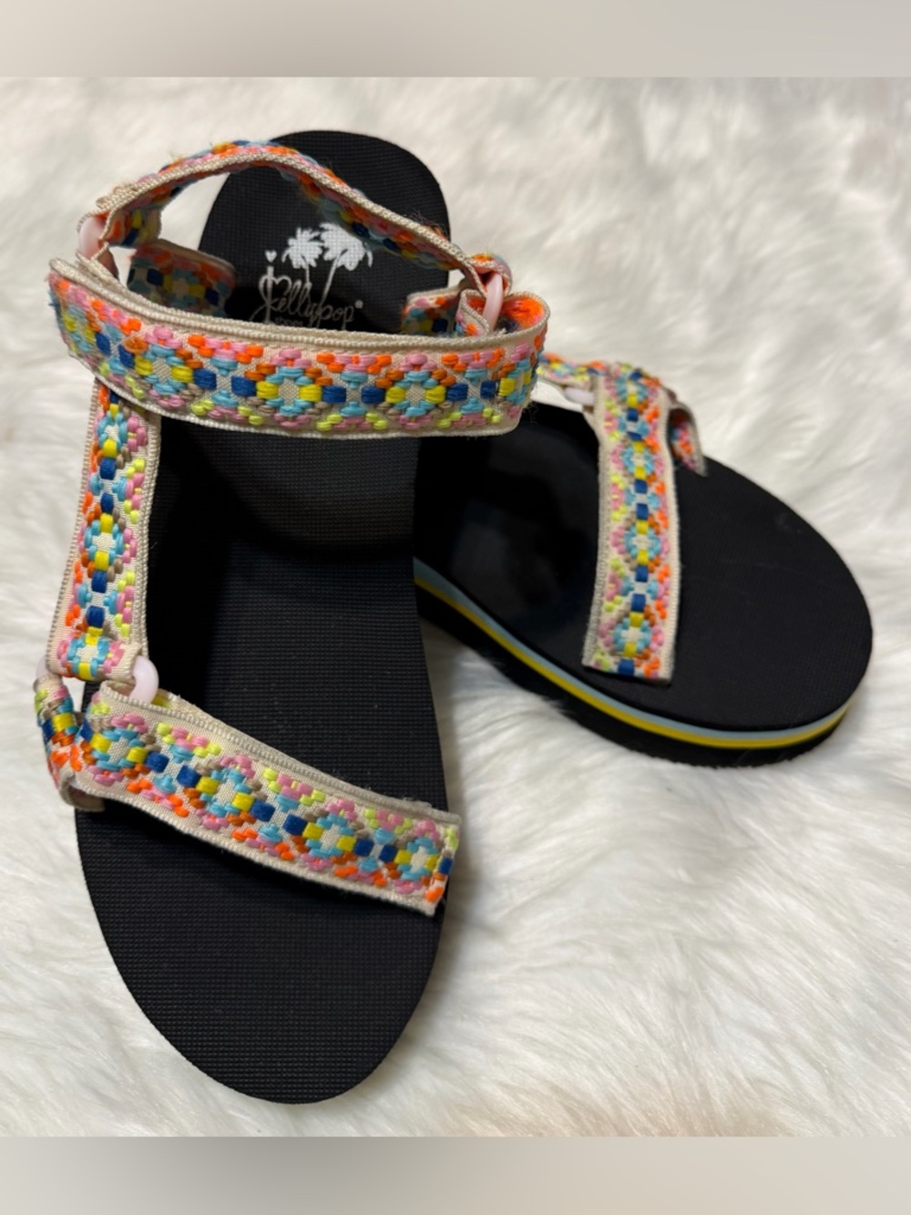 Jellypop Black Footbed Sandals with Pastel Multicolor Woven Straps